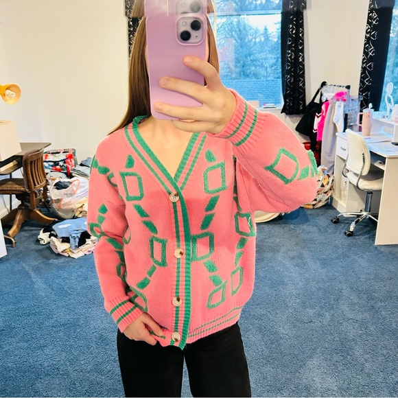 Sweaters - Geometric Pink and Green Women's Sweater